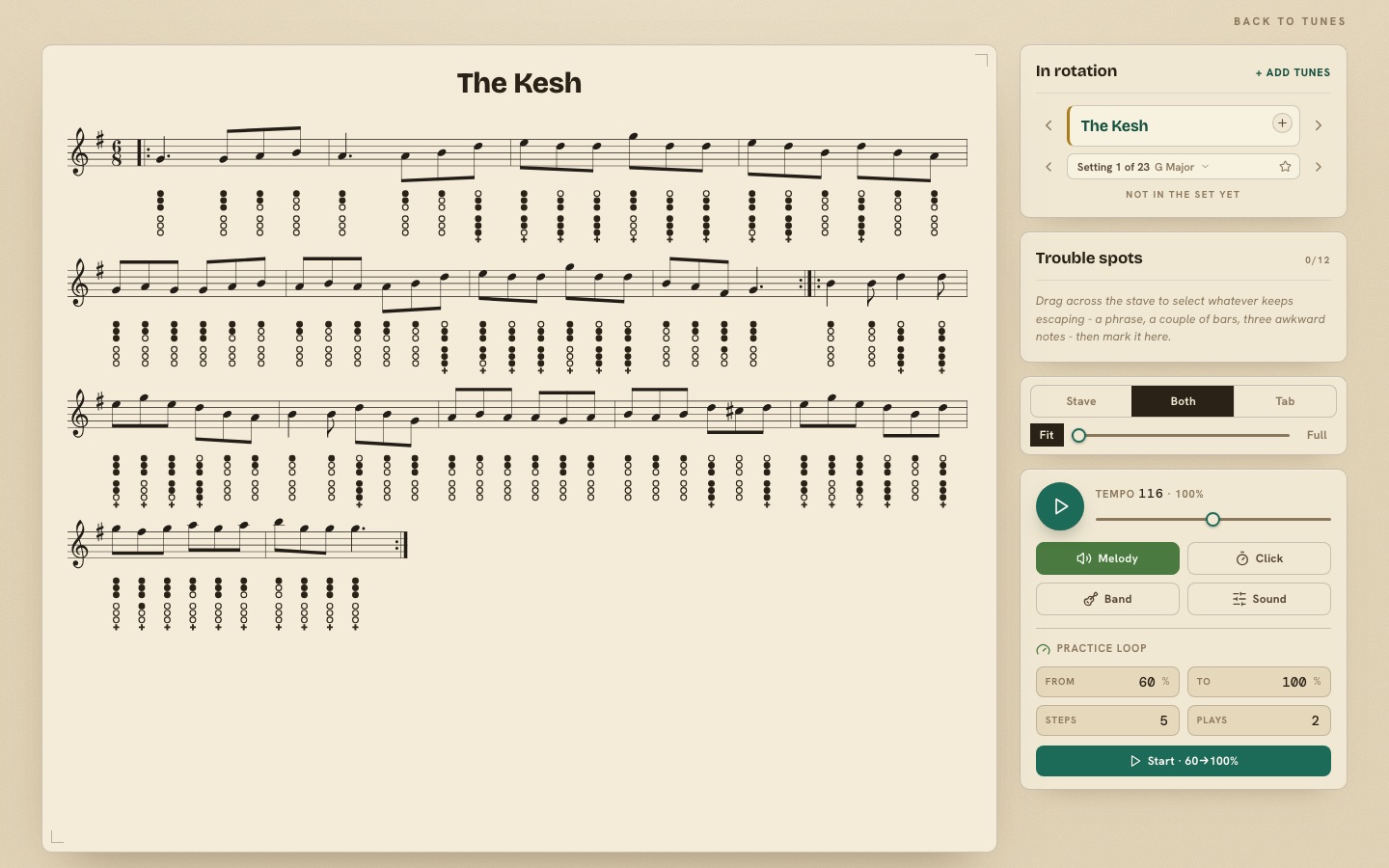 The Windway practice stand playing a tune: sheet music with whistle tab, tempo control, backing band and practice loop